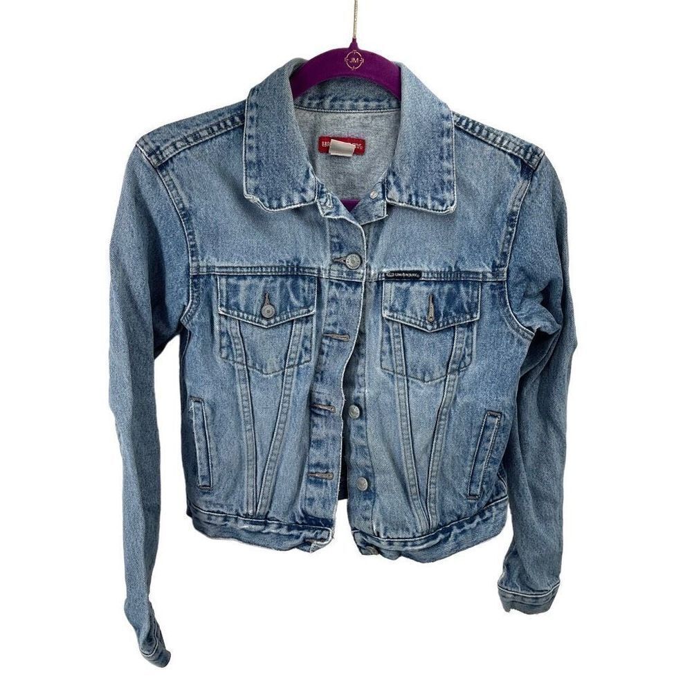 Unionbay Women Denim jean Jacket Long Sleeve Button Down Blue Wash Medium croppe